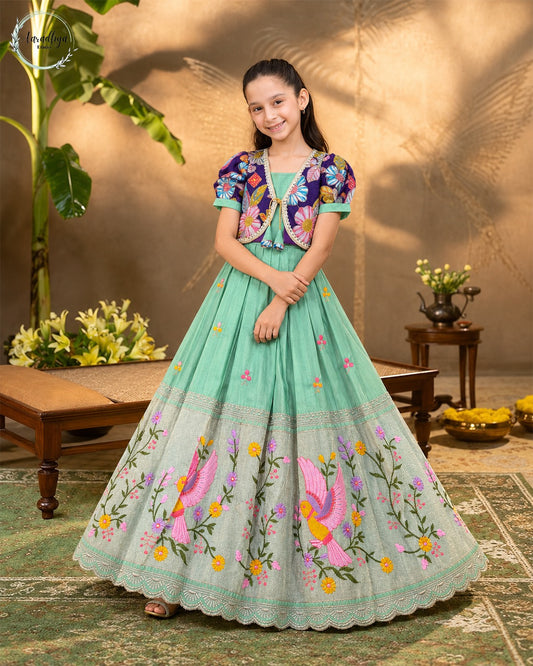 Position Printed & Embroidered Gown for Kids - Sea Green