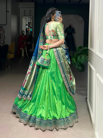 Soft Silk Paithani Embroidery Thread Work Lehenga Choli - Parrot