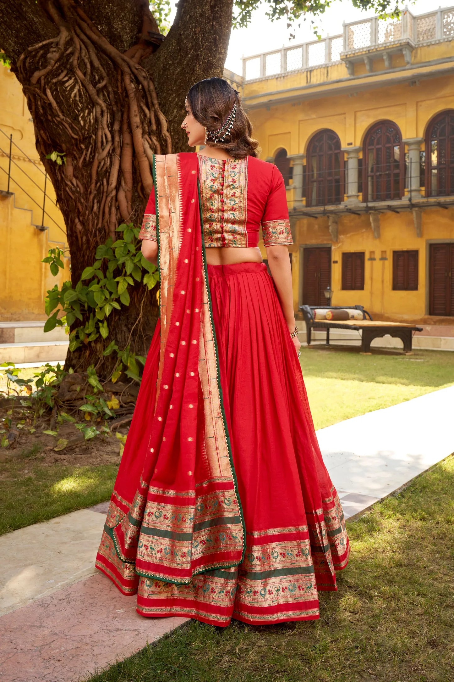 Soft Pure Chanderi Gotta Patti Lace Paithani Lehenga Choli - Red