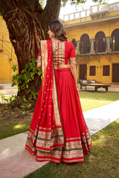 Soft Pure Chanderi Gotta Patti Lace Paithani Lehenga Choli - Red