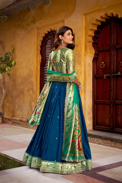 Soft Silk Paithani Embroidery Thread Work Lehenga Choli - Navy Blue