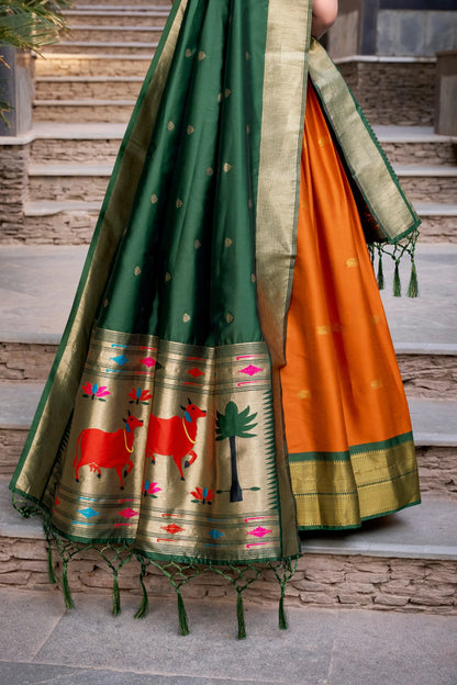 Royal Zari Jacquard Weaves Paithani Lehenga Choli - Orange