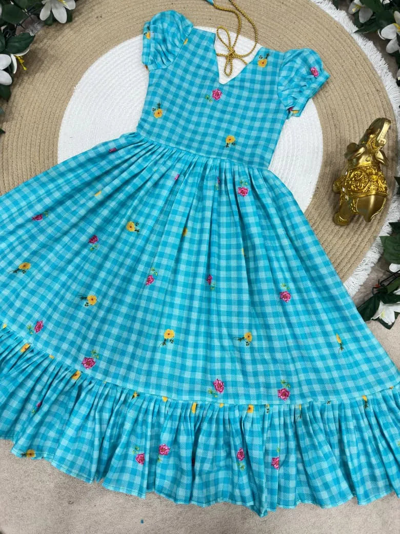 Mul-Chanderi Summer Kids Frock Collection - Sky