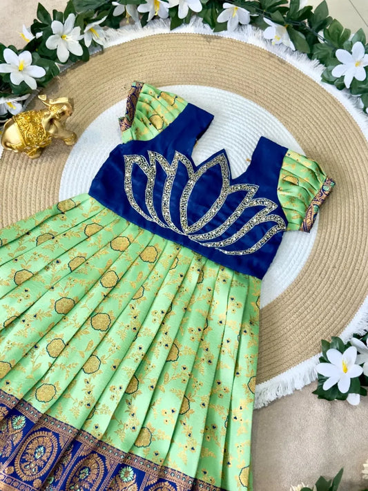 Jaquard Silk Lotus Maggam Work Gown/Frock - Blue & Pista