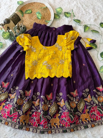 Kids Elephant Bloom Garden Lehenga Choli Set - Purple