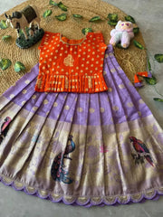 Peacock Grace Kids Lehenga Set - Orange & Lilac
