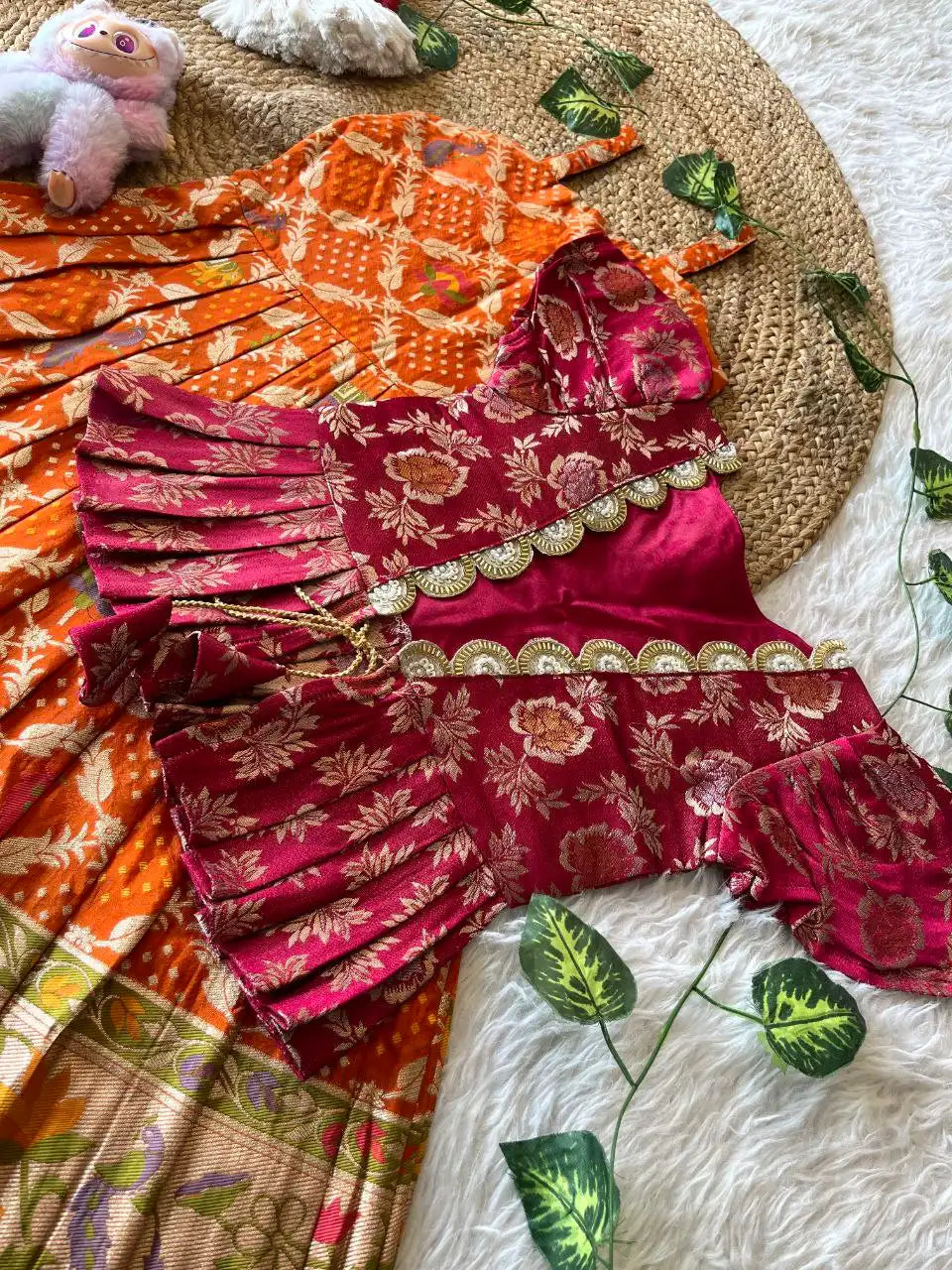 Kids Gown with Designer Coat- Rani Pink & Orange