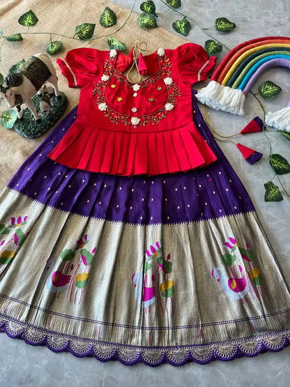 Flamingo Paithani Traditional Kids Lehenga - Purple