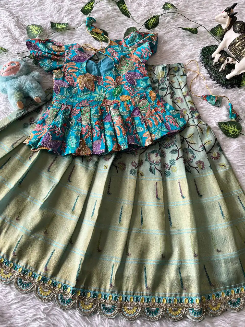 Kids Tissue Silk handwork Embroidered Lehenga Set - Sky