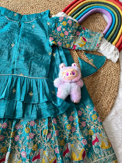 Kids Crush Fabric Elephant Embroidery Lehenga Set - Sky