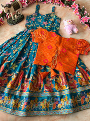 Beautiful Position & Kalamkari Kids Gown with Coat - Rama