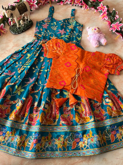 Beautiful Position & Kalamkari Kids Gown with Coat - Rama