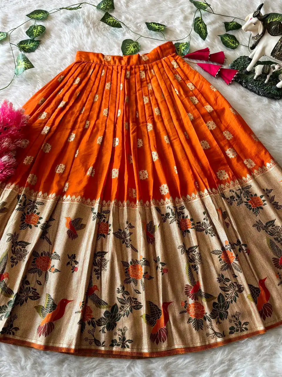 Soft Khadi Georgette Bird Weaving Lehenga - Orange