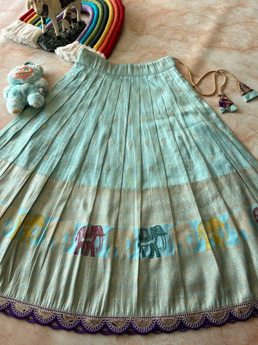Kids Elephant 3D Weaving Lehenga - Sky