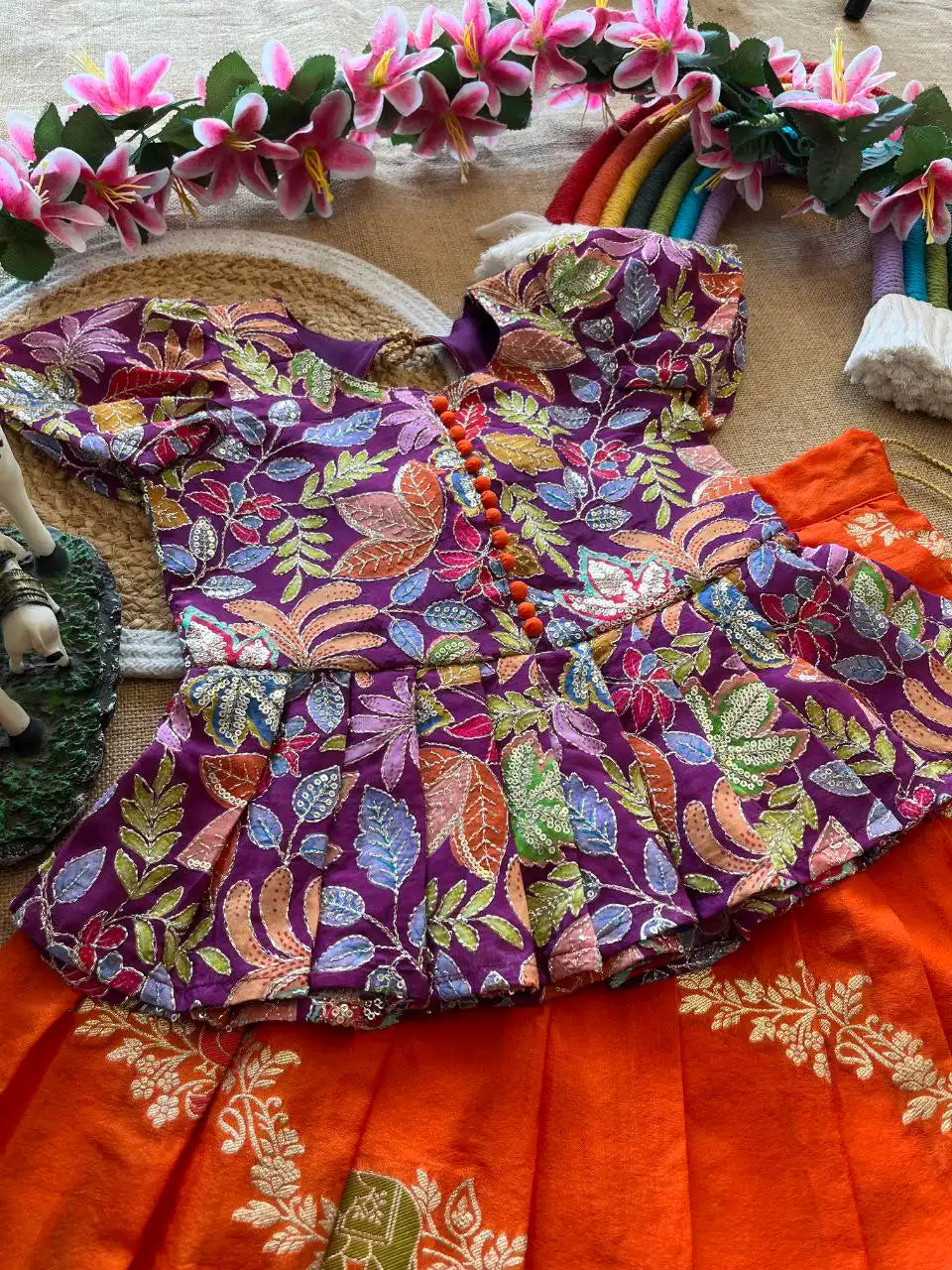 Kids Khadi Silk Animal Theme Weaving Lehenga - Orange