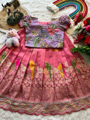 Kids Crepe Position Printed Lehenga - Pink