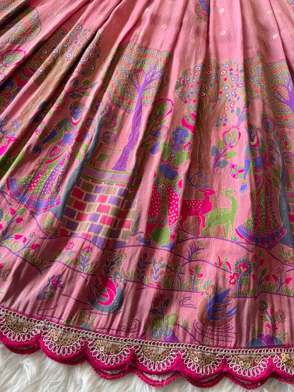 Kids Tissue Silk Paithani Weaving  Gown - Baby Pink