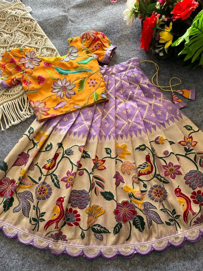 Dola Silk Parrot Meena Weaving Kids Lehenga - Lavender