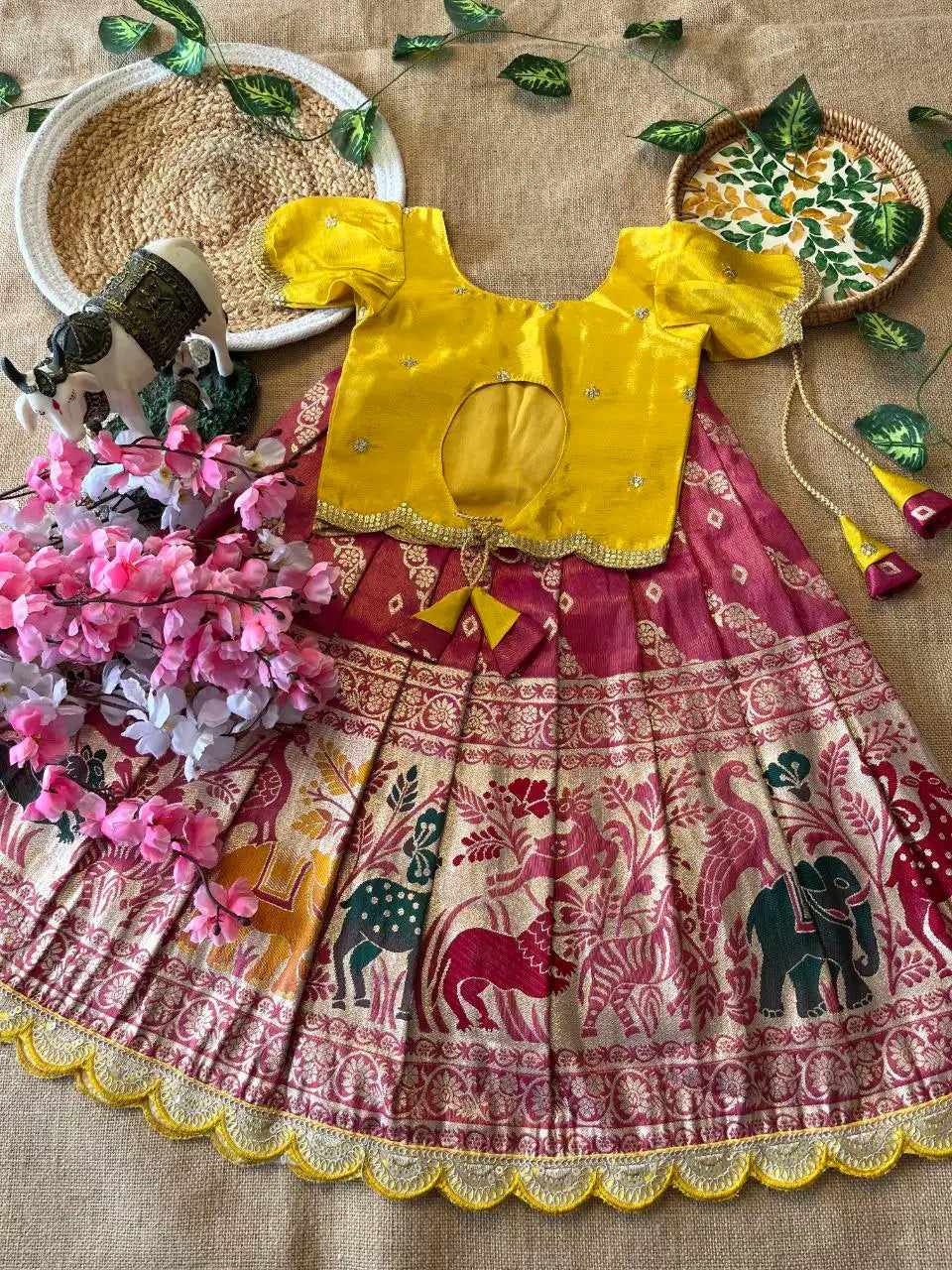 Animals Bandhej Leheriya Kids Lahenga - Yellow