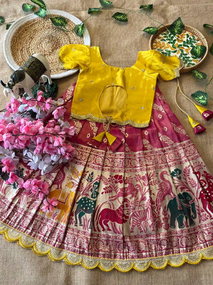 Animals Bandhej Leheriya Kids Lahenga - Yellow