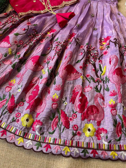 Flamingo Embroidery Kids Gown & Coat - Lilac