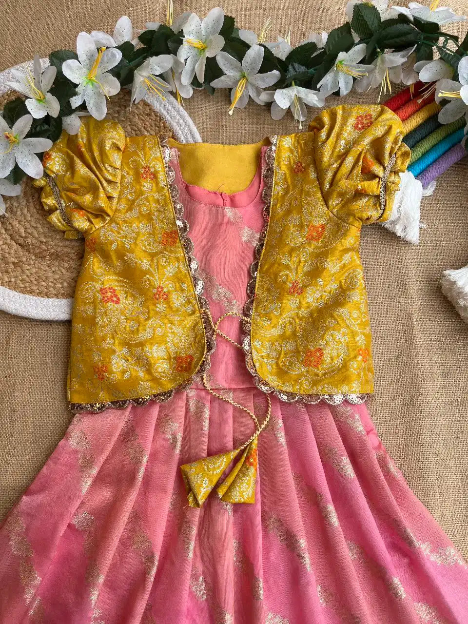 Soft Tissue Silk Paithani Weaving Kids Gown - Baby Pink