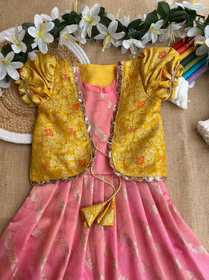 Soft Tissue Silk Paithani Weaving Kids Gown - Baby Pink