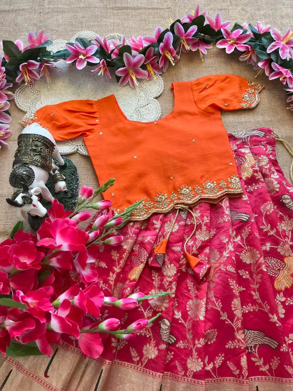Kids Banarasi Dola Silk Paithani Lehenga - Pink