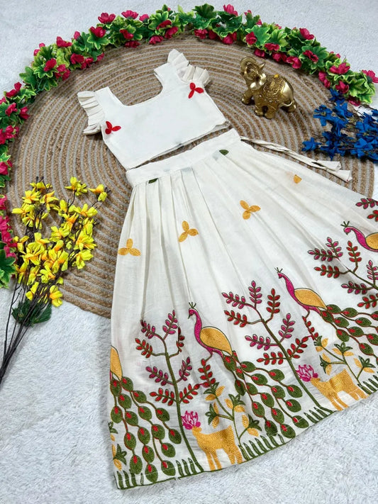 Kids Peacock Cotton Summer Embroidery Lehenga