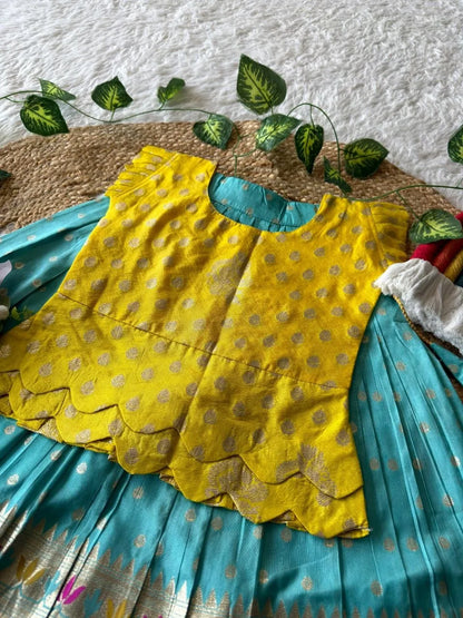Kids Kalamkari Lehenga - Yellow & Sky