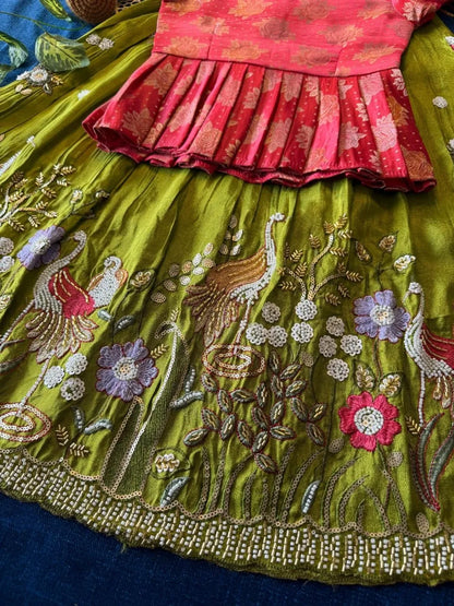 Flamingo Bead & Moti Work Kids Lehenga - Pink & Parrot