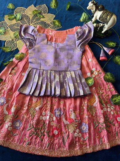 Flamingo Bead & Moti Work Kids Lehenga - Lilac & Pink