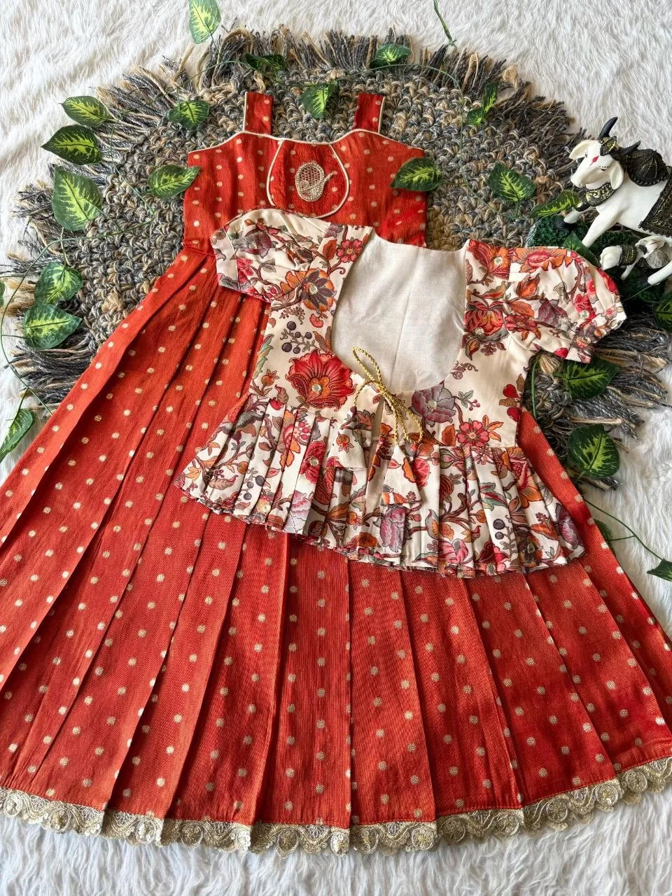Kids Tissue Gown Kalamkari Mirror Work Coat - Red