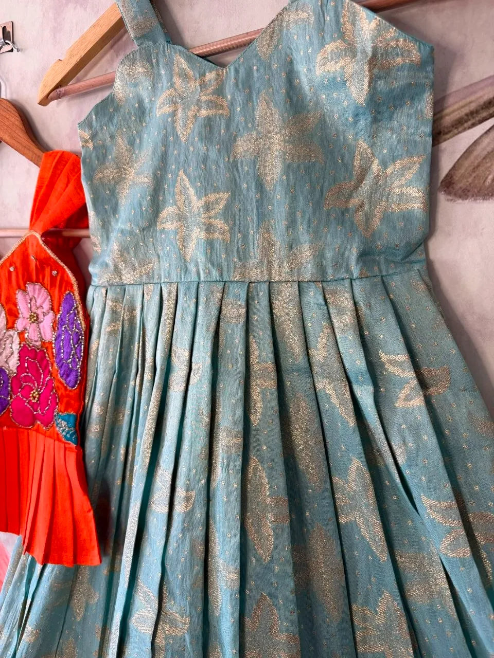 Kids Floral Gown with Maggam Work Coat - Sky