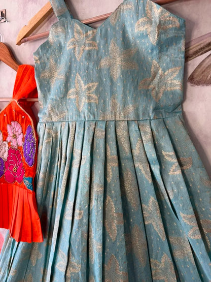 Kids Floral Gown with Maggam Work Coat - Sky