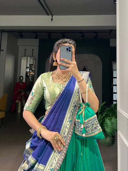 Soft Silk Paithani Embroidery Thread Work Lehenga Choli - Teal