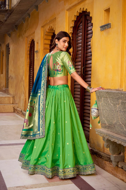 Soft Silk Paithani Embroidery Thread Work Lehenga Choli - Parrot
