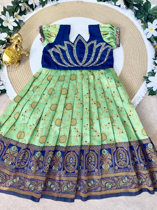 Jaquard Silk Lotus Maggam Work Gown/Frock - Blue & Pista