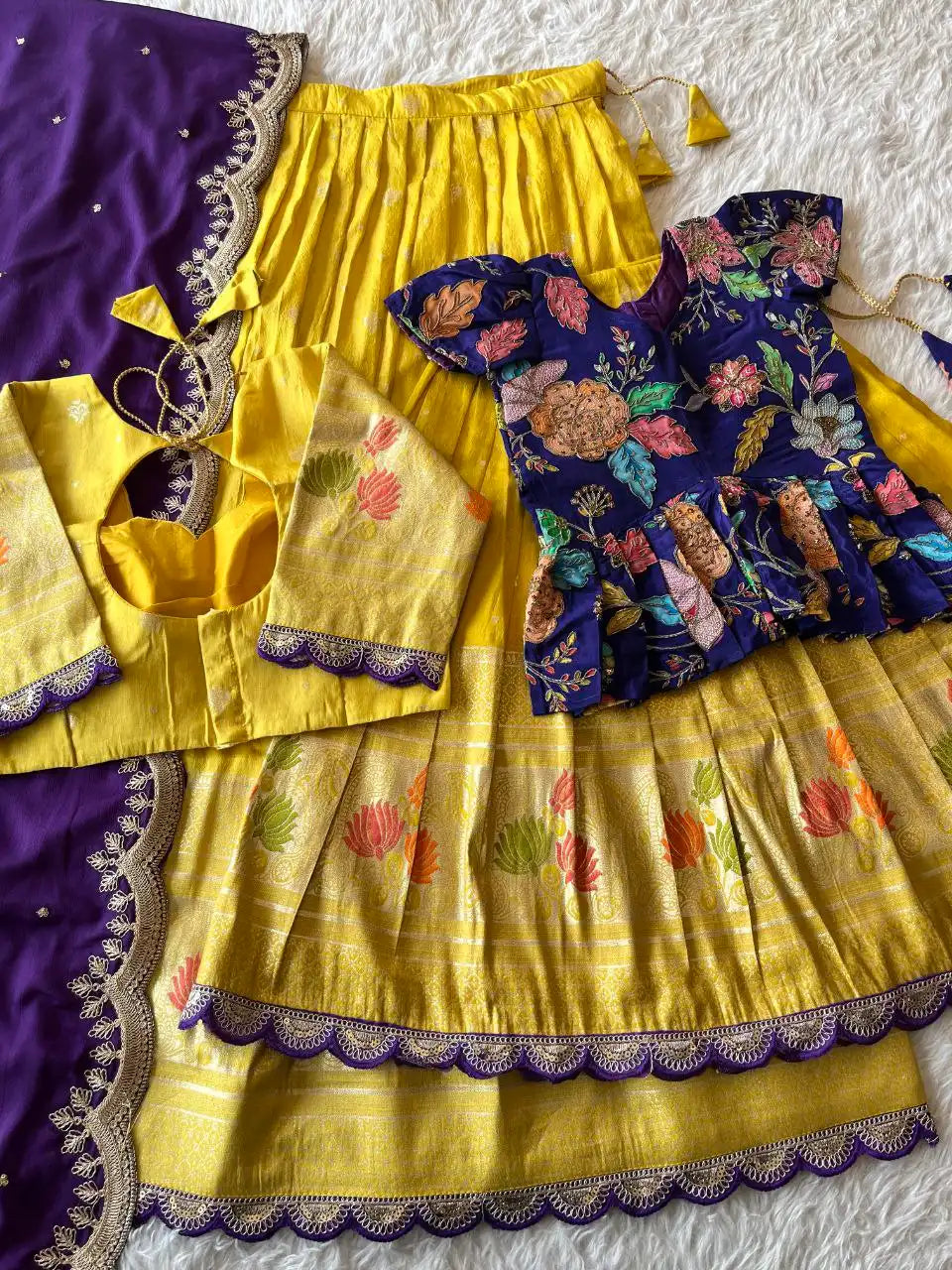 Soft Tissue Silk Embroidered Kids Lehenga Choli - Blue & Yellow