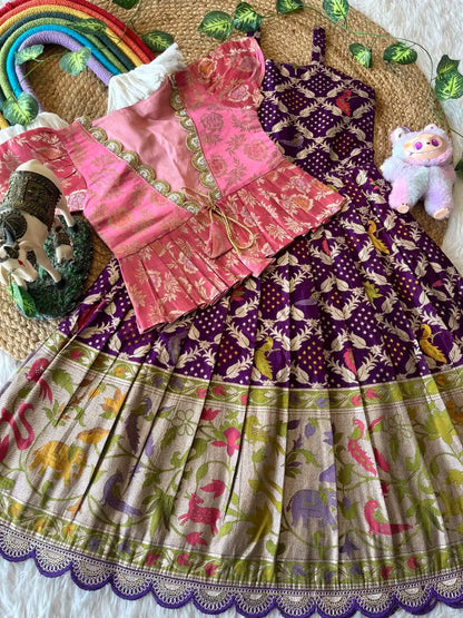 Kids Gown with Designer Coat - Pink & Purple
