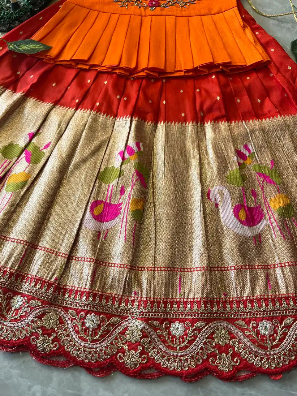 Flamingo Paithani Traditional Kids Lehenga - Red