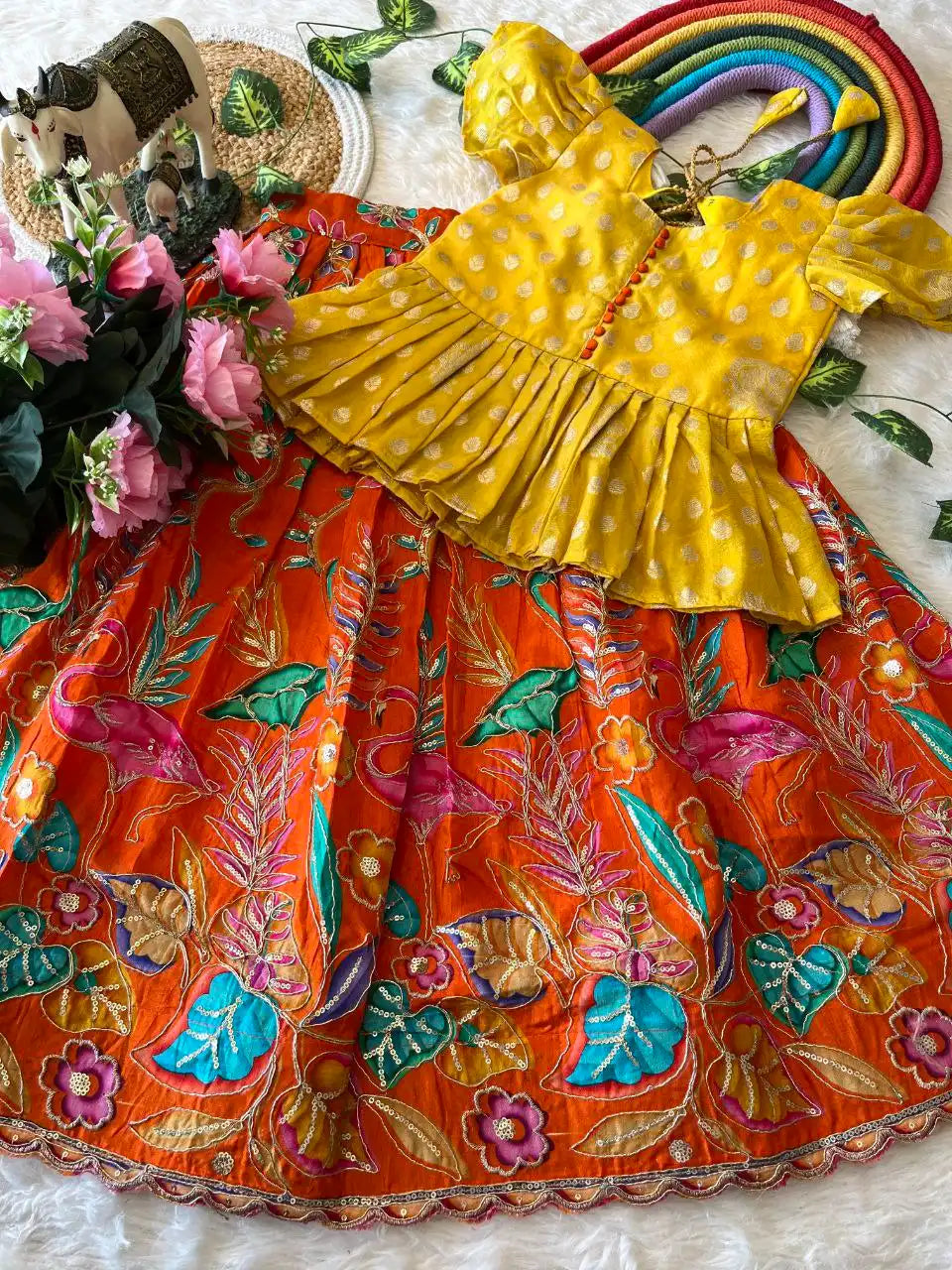 Kids Dola Silk Position Embroidered Lehenga Set - Yellow