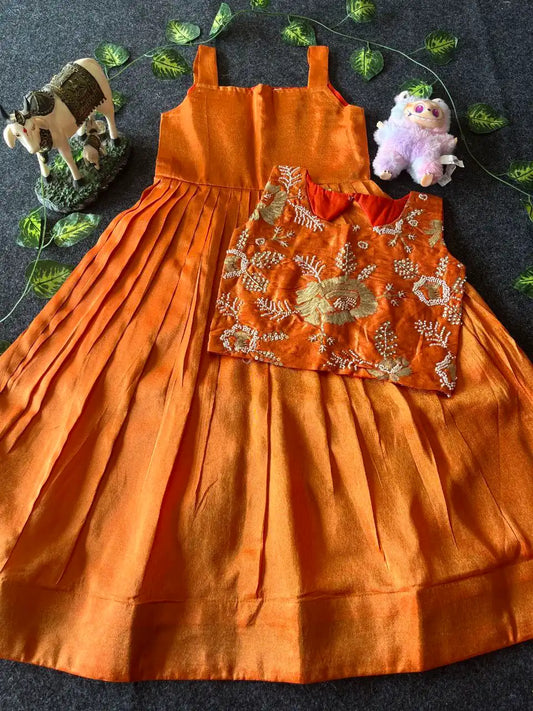 Kids Tissue Gown with Handwork Coat - Orange