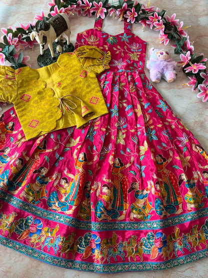 Beautiful Position & Kalamkari Kids Gown with Coat - Pink