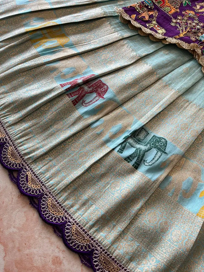 Kids Elephant 3D Weaving Lehenga - Sky
