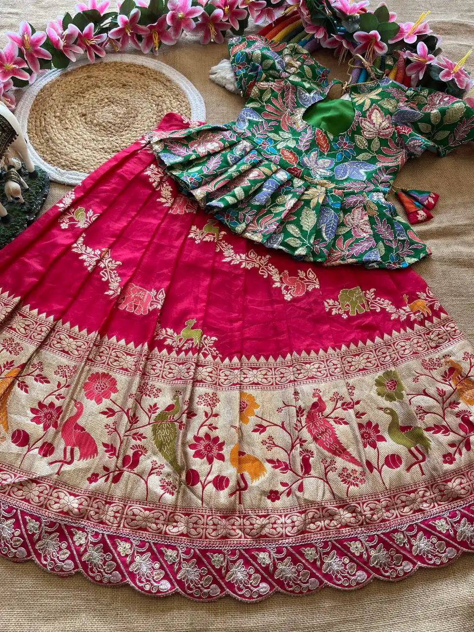 Kids Khadi Silk Animal Theme Weaving Lehenga - Rani Pink