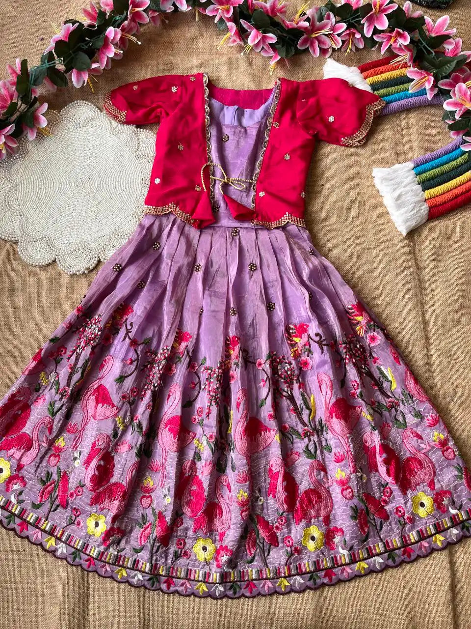 Flamingo Embroidery Kids Gown & Coat - Lilac