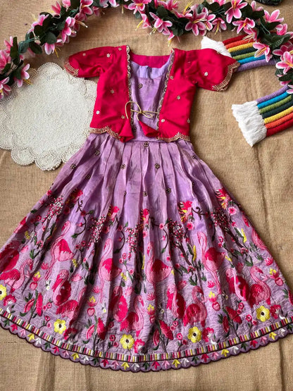 Flamingo Embroidery Kids Gown & Coat - Lilac