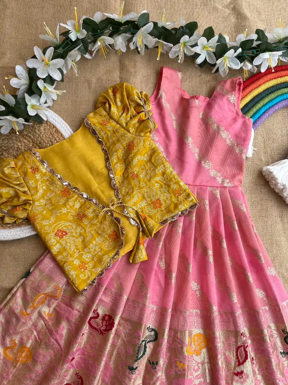 Soft Tissue Silk Paithani Weaving Kids Gown - Baby Pink