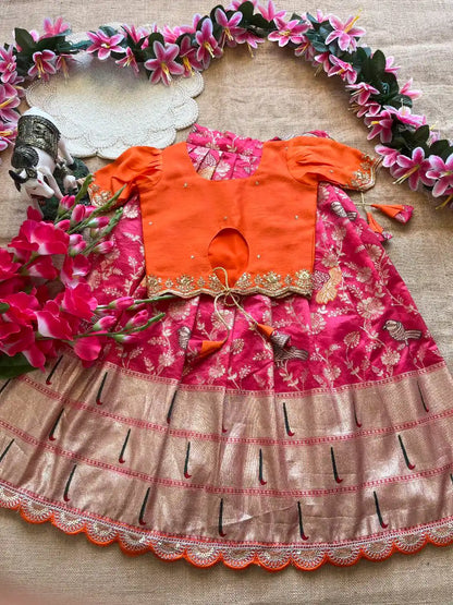 Kids Banarasi Dola Silk Paithani Lehenga - Pink
